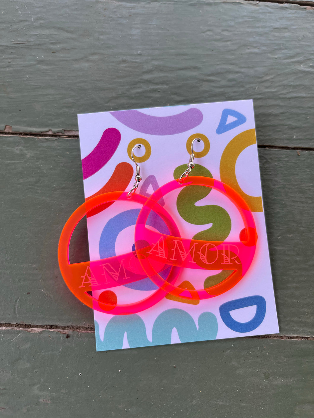 Hot Pink Orange Amor acrylic earring, large