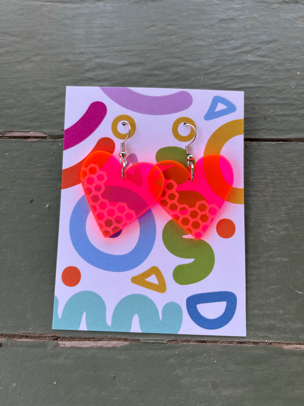 Hot Pink Orange Honeycomb Heart earrings, medium