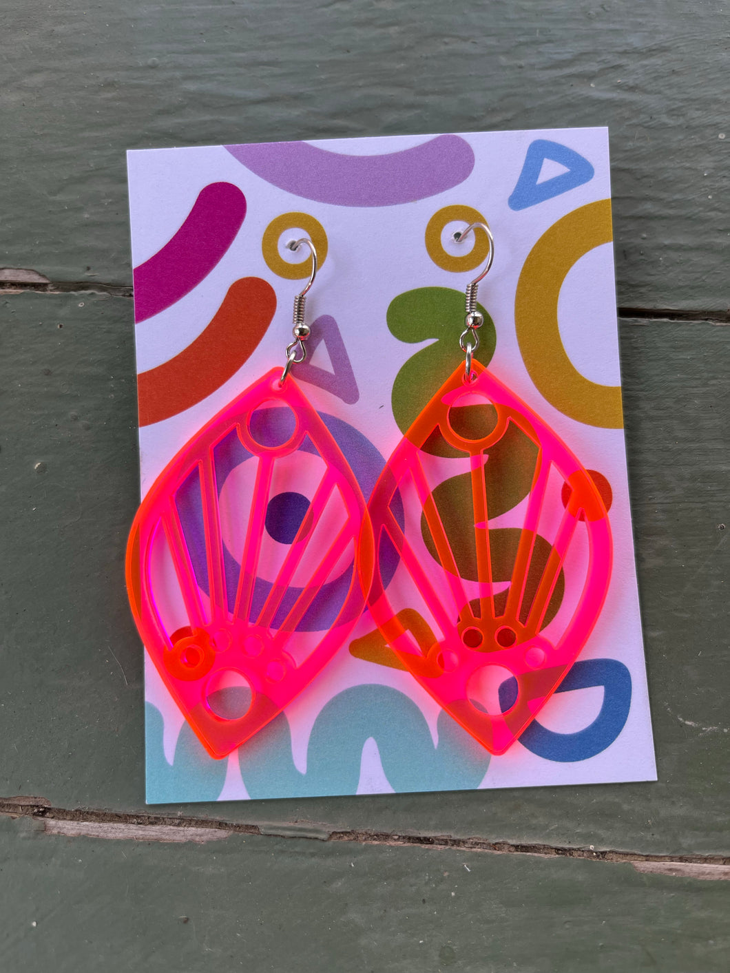 Hot Pink Orange Art Deco Sunrise acrylic earring, large