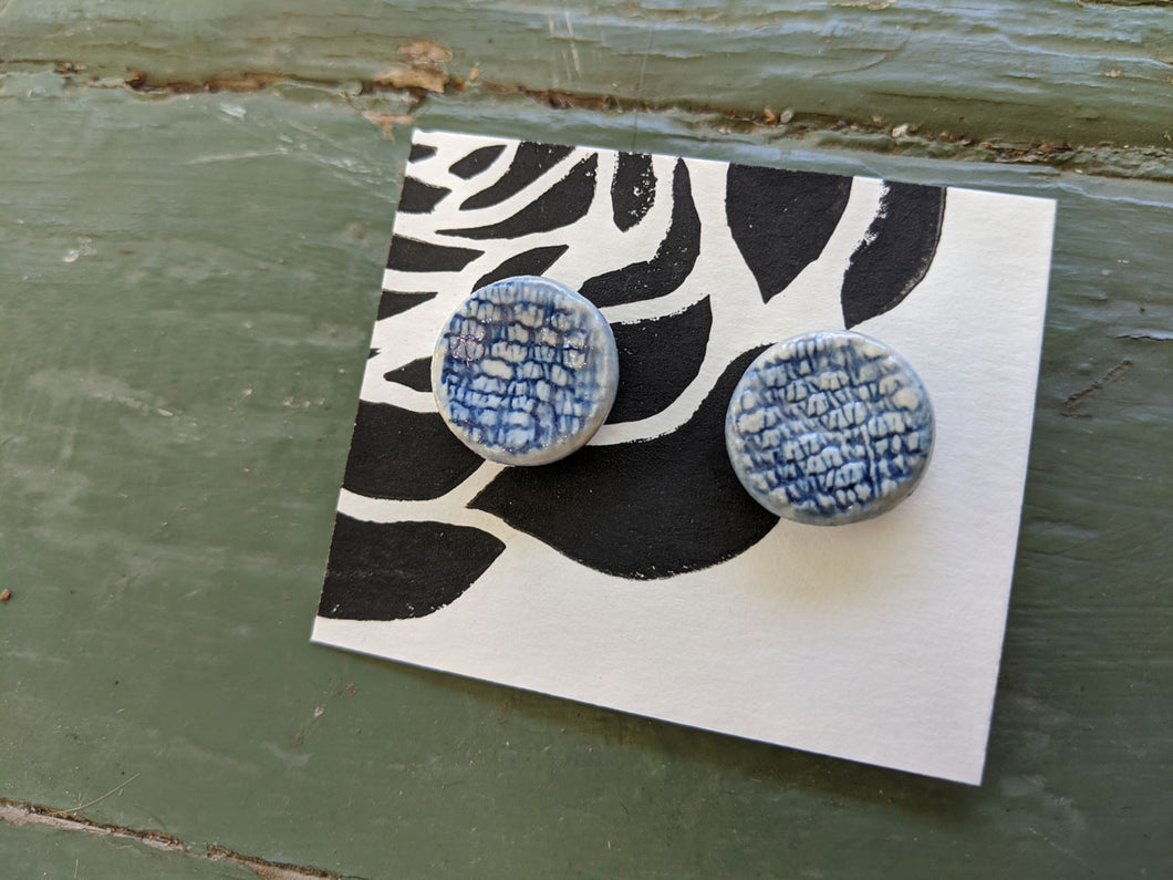 Handmade Ceramic Earrings, Blue Glaze with Textured Pattern