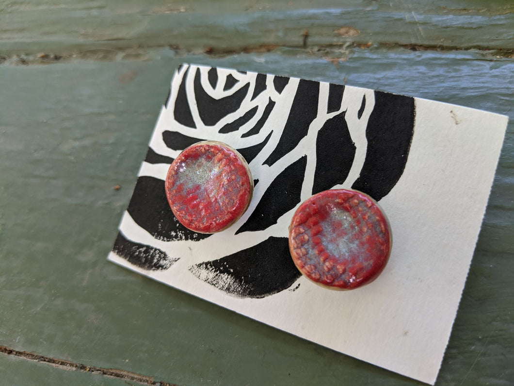 Handmade Ceramic Earrings with Crimson and Blue Glaze and Crosshatched Texture