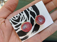 Load image into Gallery viewer, Handmade Ceramic Earrings with Crimson and Blue Glaze and Crosshatched Texture
