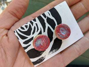 Handmade Ceramic Earrings with Crimson and Blue Glaze and Crosshatched Texture