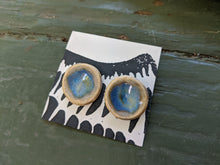 Load image into Gallery viewer, Handmade Ceramic Earrings with Deep Blue Sunburst Glaze
