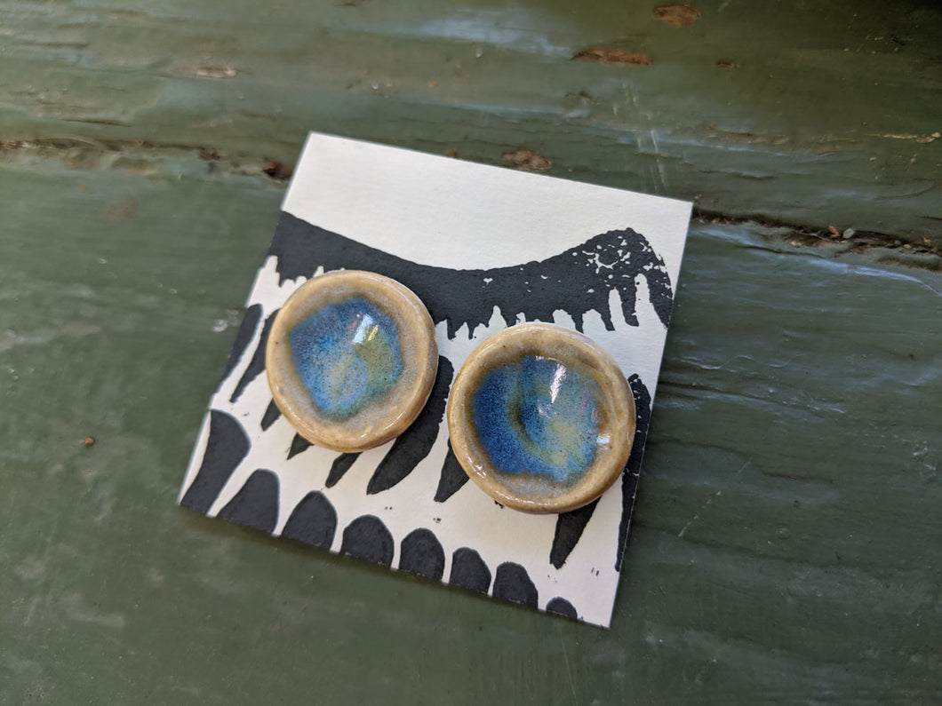 Handmade Ceramic Earrings with Deep Blue Sunburst Glaze