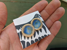 Load image into Gallery viewer, Handmade Ceramic Earrings with Deep Blue Sunburst Glaze
