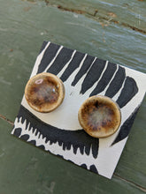 Load image into Gallery viewer, Handmade Ceramic Earrings with Shimmering Blue and Chocolate Glaze
