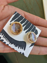 Load image into Gallery viewer, Handmade Ceramic Earrings with Shimmering Blue and Chocolate Glaze
