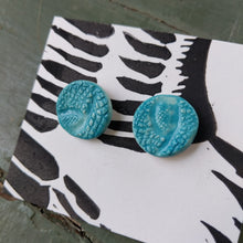 Load image into Gallery viewer, Round turquoise glazed ceramic earrings on pin backs
