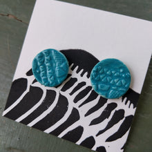 Load image into Gallery viewer, Round turquoise glazed ceramic earrings on pin backs
