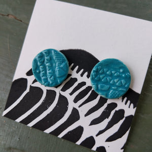 Round turquoise glazed ceramic earrings on pin backs