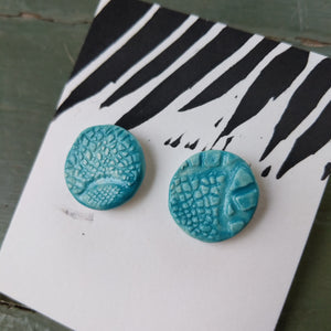 Round turquoise glazed ceramic earrings on pin backs