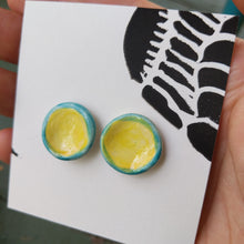 Load image into Gallery viewer, Round ceramic earrings, blue and yellow
