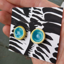 Load image into Gallery viewer, Round earrings, yellow and blue, pin back
