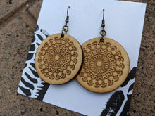 Load image into Gallery viewer, Golden mandala, laser etched earrings in natural birch
