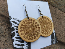 Load image into Gallery viewer, Golden mandala, laser etched earrings in natural birch
