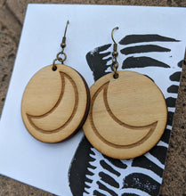 Load image into Gallery viewer, Crescent Moon, lightweight birch wood earrings
