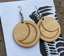 Load image into Gallery viewer, Crescent Moon, lightweight birch wood earrings
